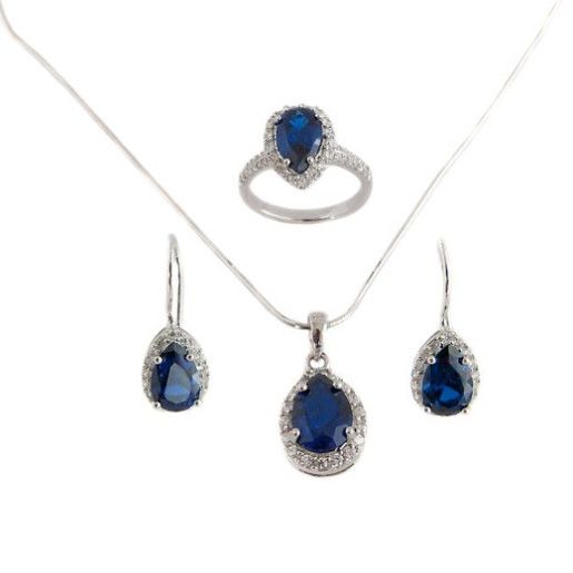 Set argint 925, design italian, rodiat cu cristal albastru imitatie safir