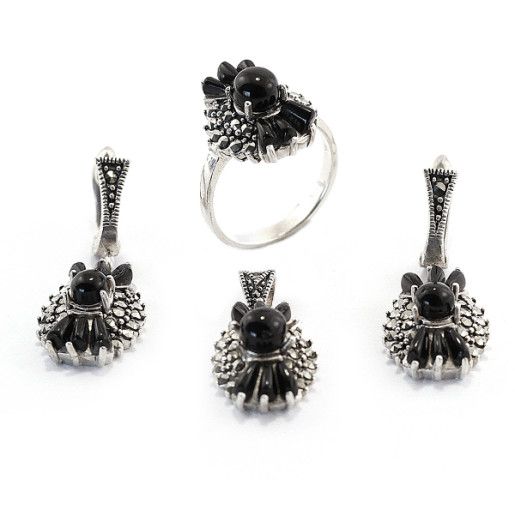 Set argint 925, model antichizat cu pietre onix negre