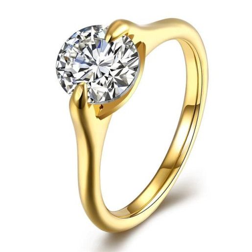Solitair, inel placat cu aur de 18 k, cu o piatra zirconia multifatetata in forma de diamant - 7323O920