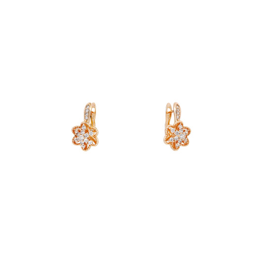 Cercei placati cu aur 18 K, inchidere clasica , model floare cu pietre zirconia albe