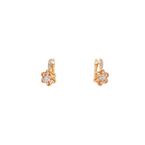 Cercei placati cu aur 18 K, inchidere clasica , model floare cu pietre zirconia albe