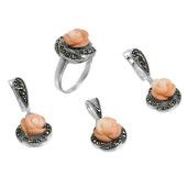 Set argint 925, antichizat , cu marcasite si coral roz